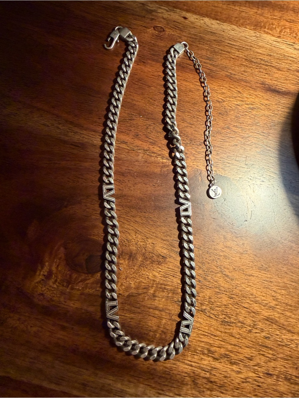 Louis Vuitton Silver-Tone Curb Chain Necklace with LV Plaque